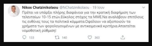 Νίκος Χατζηνικολάου: «Να υπάρξει πλήρης διαφάνεια για την κρατική διαφήμιση»