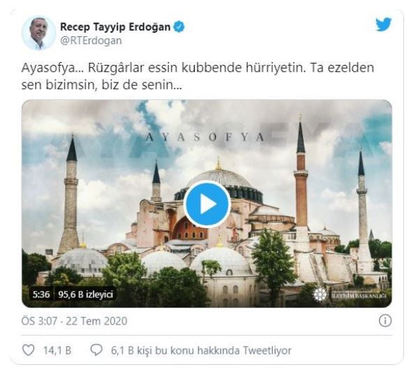 Ερντογάν για την Αγία Σοφία: Ήσουν πάντα δική μας κι εμείς δικοί σου